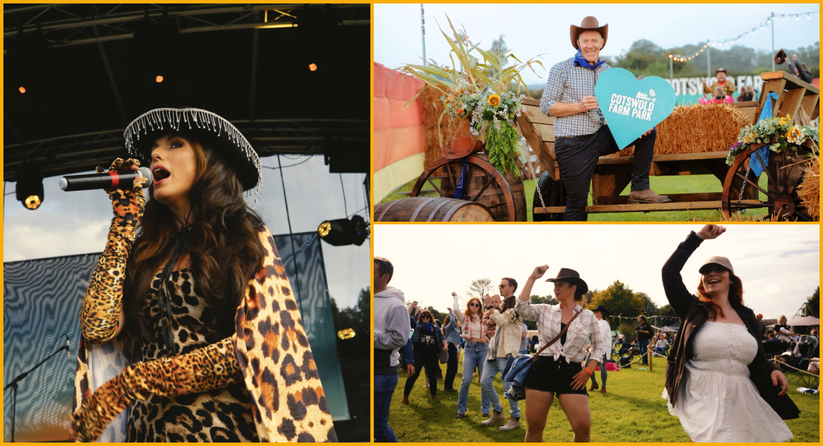 A collage of images of a country singer, Adam Henson and line dancers at Cotswold Farm Park
